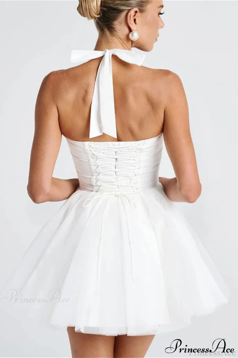 Boned Halter Tie-Back Lace Trim Party Dress - Image 5