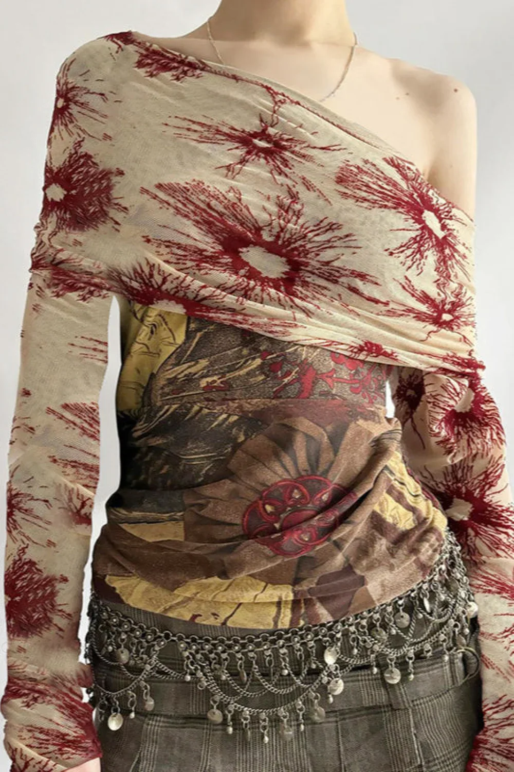 Botanical Print Retro Mesh Panel Boat Neck Long Sleeve Tee - Image 2