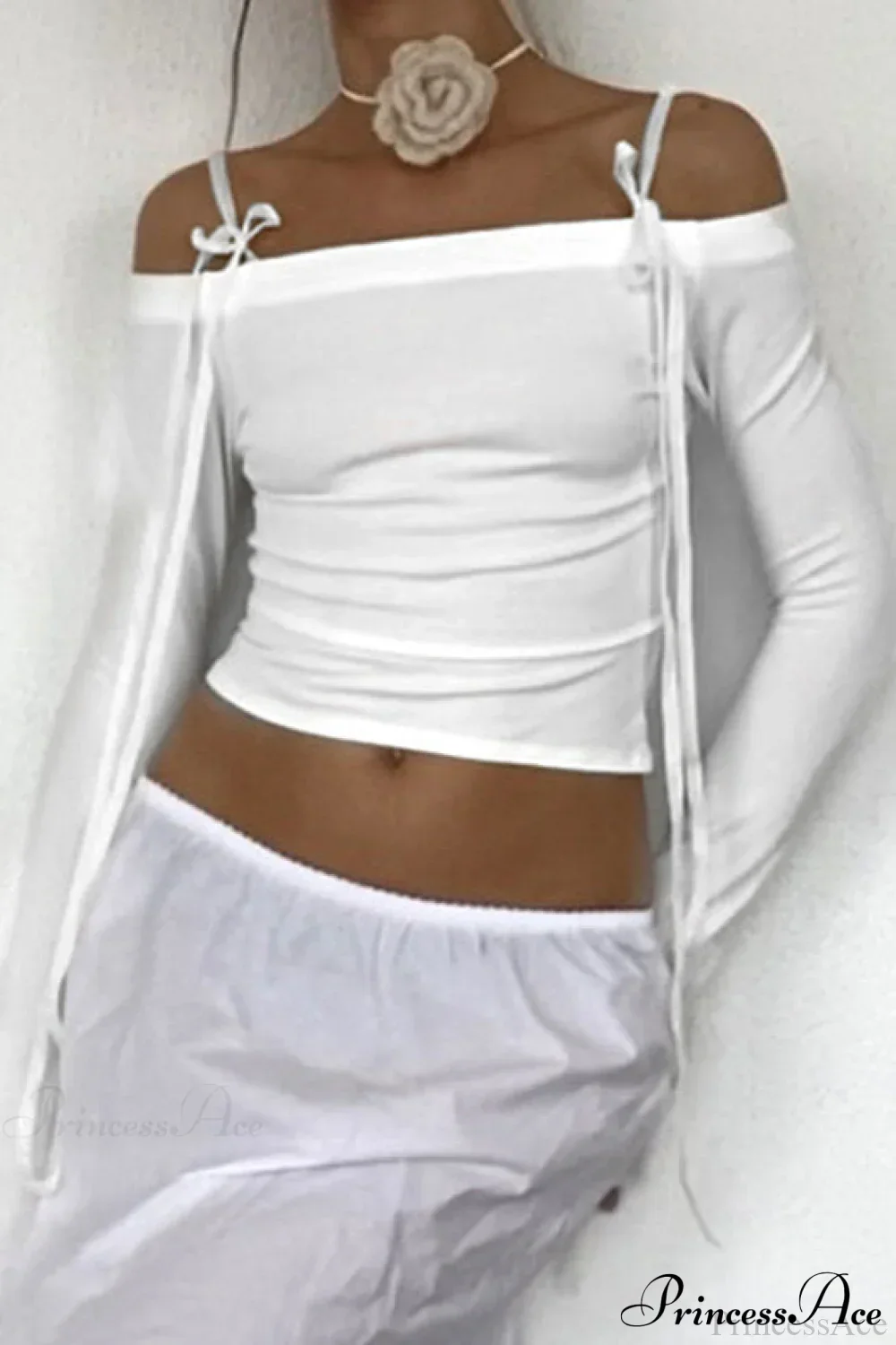 Bow Belted Off Shoulder Backless Long Sleeve Crop Top - Image 3
