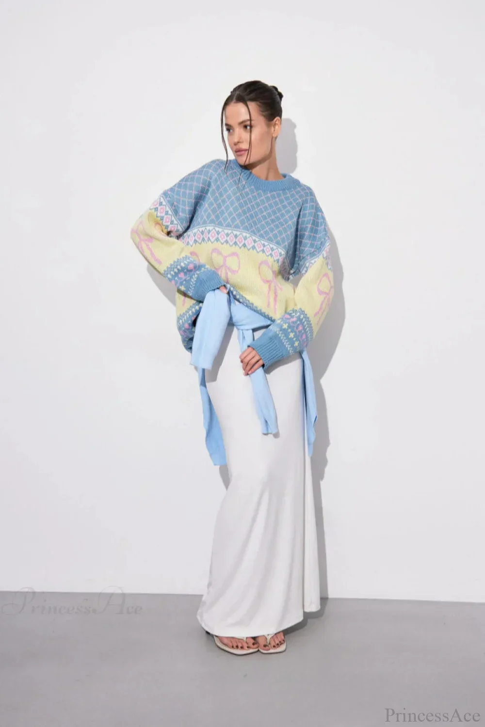 Bow Color Block Crew Neck Outer Wear Warm Lazy Knit Sweater - Image 2