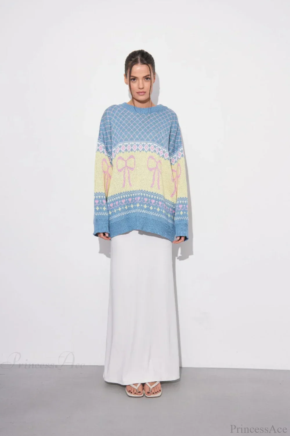 Bow Color Block Crew Neck Outer Wear Warm Lazy Knit Sweater - Image 3