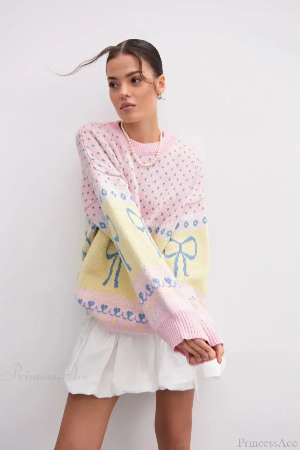 Bow Color Block Crew Neck Outer Wear Warm Lazy Knit Sweater - Image 4