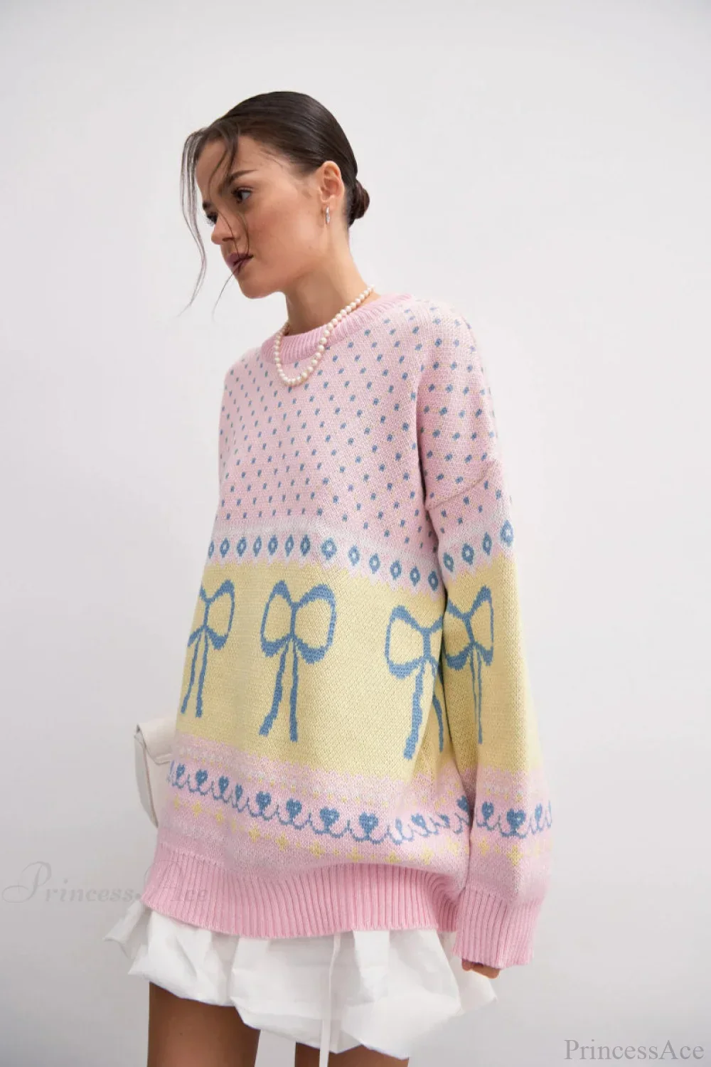 Bow Color Block Crew Neck Outer Wear Warm Lazy Knit Sweater - Image 5