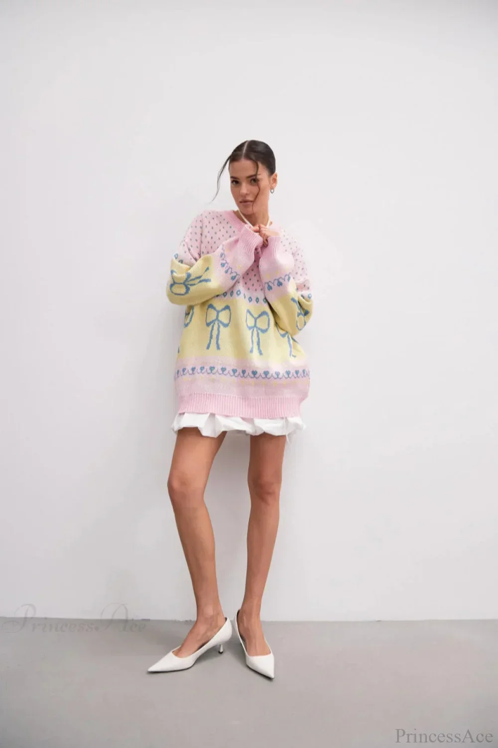 Bow Color Block Crew Neck Outer Wear Warm Lazy Knit Sweater - Image 6