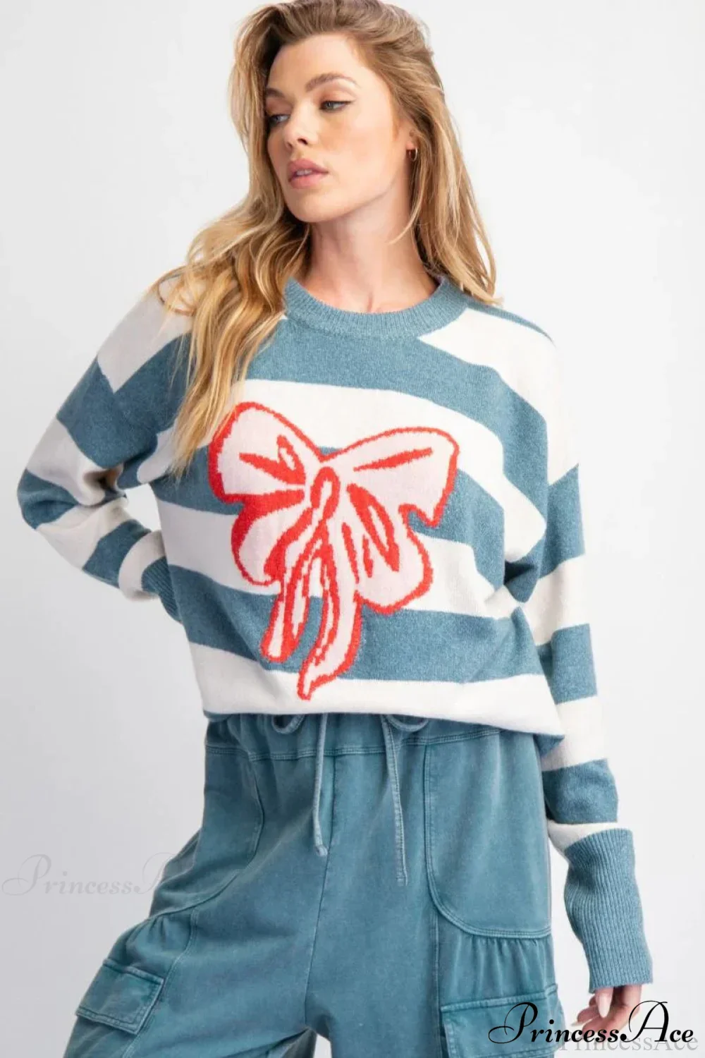 Bow Detail Jacquard Crewneck Long Sleeve Sweater - Image 2