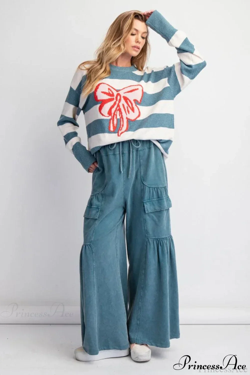 Bow Detail Jacquard Crewneck Long Sleeve Sweater - Image 5