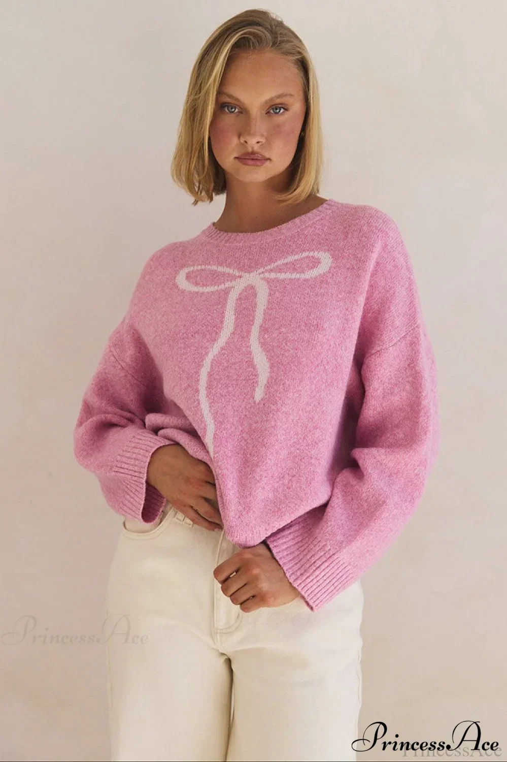 Bow Jacquard Crew-Neck Loose Casual Sweater - Image 2