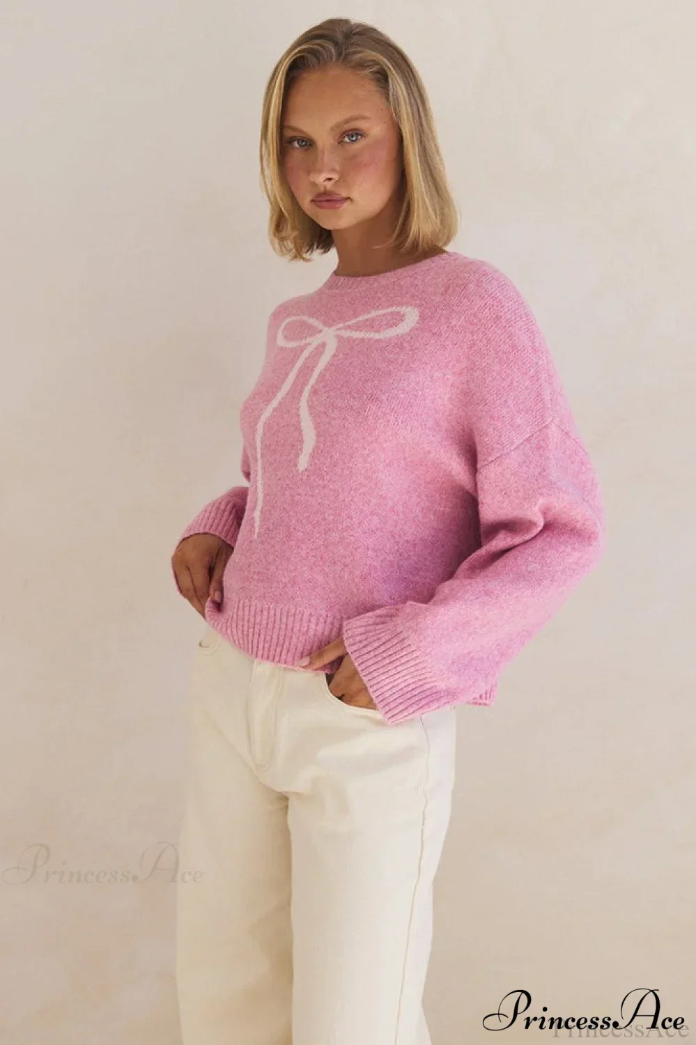 Bow Jacquard Crew-Neck Loose Casual Sweater - Image 3