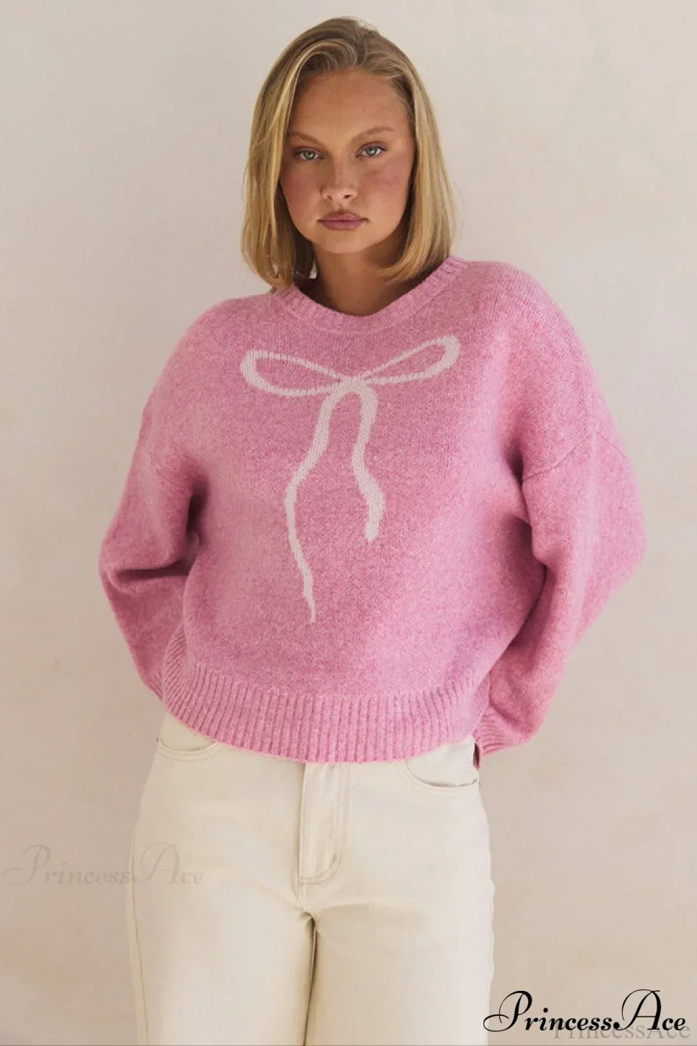 Bow Jacquard Crew-Neck Loose Casual Sweater - Image 4