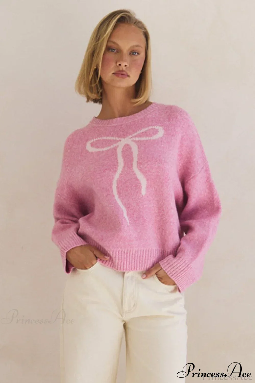 Bow Jacquard Crew-Neck Loose Casual Sweater - Image 5