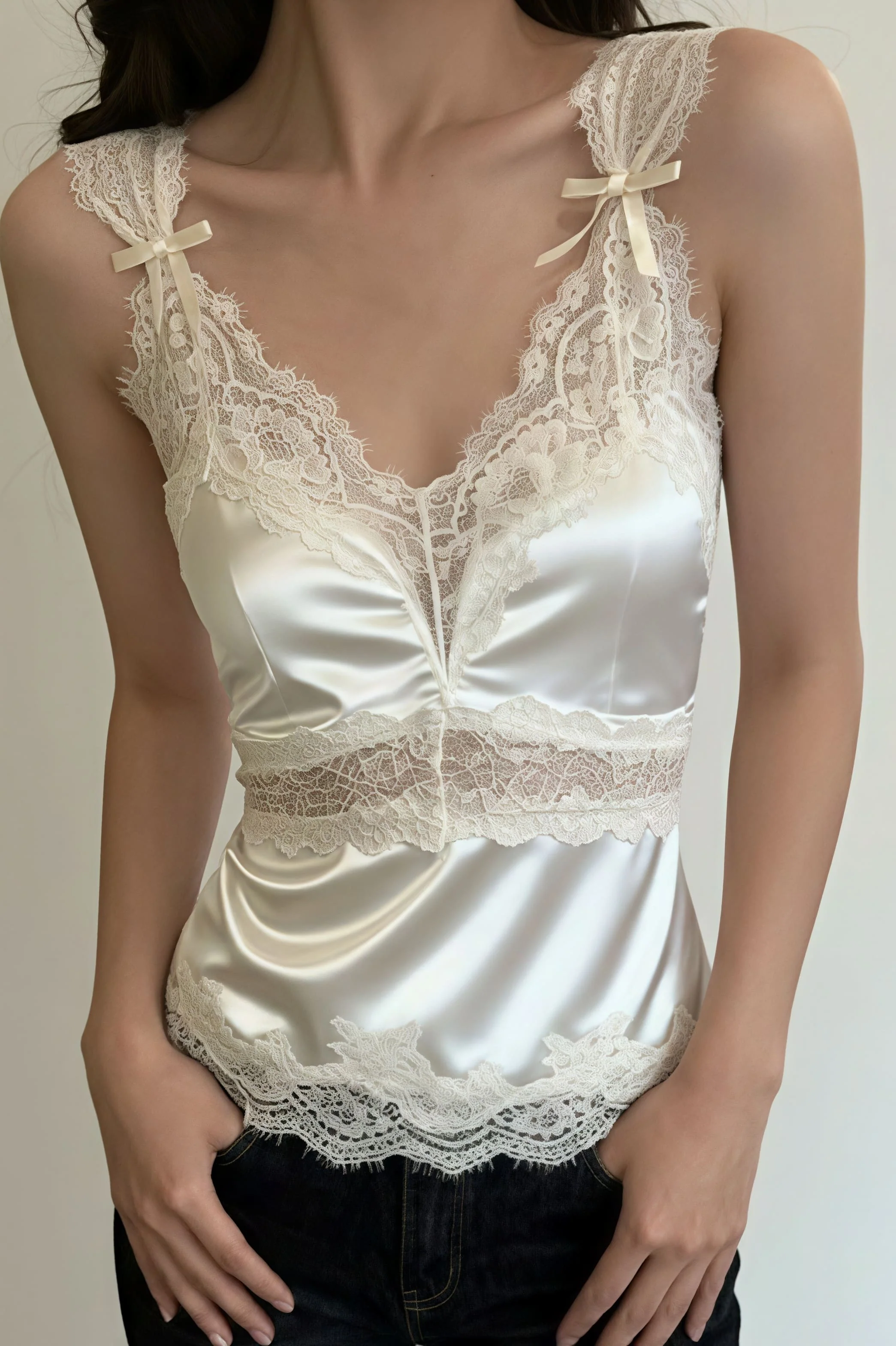 Bow Lace Patch V Neck Solid Tank Top - Image 4