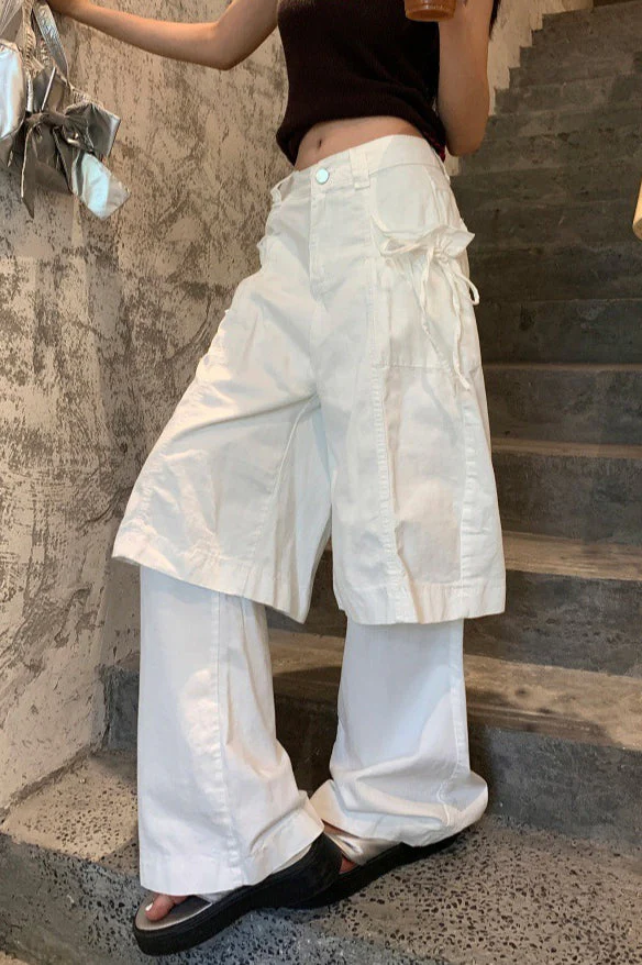 Bow Tie Fake Two Piece White Y2K Loose Jeans - Image 2