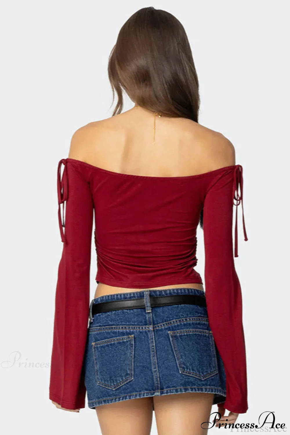 Bow Tie Off Shoulder Long Sleeve Crop Top - Image 3