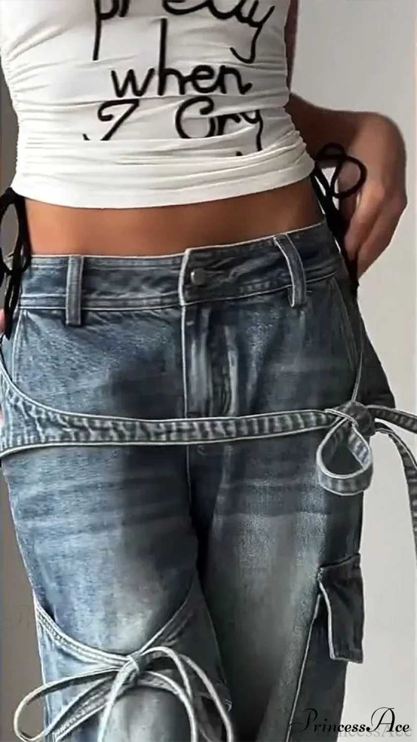 Bow Tie Strap Wide Leg Jeans - Image 2