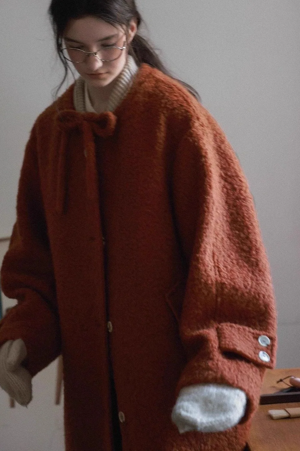Bow Tie Waist Loose Slim Wool Blend Overcoat - Image 2