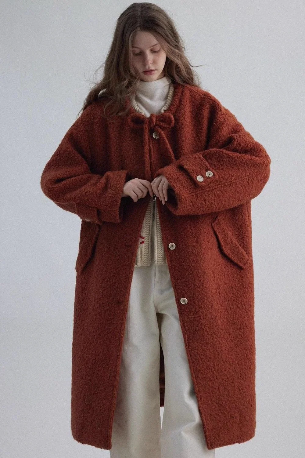 Bow Tie Waist Loose Slim Wool Blend Overcoat - Image 4