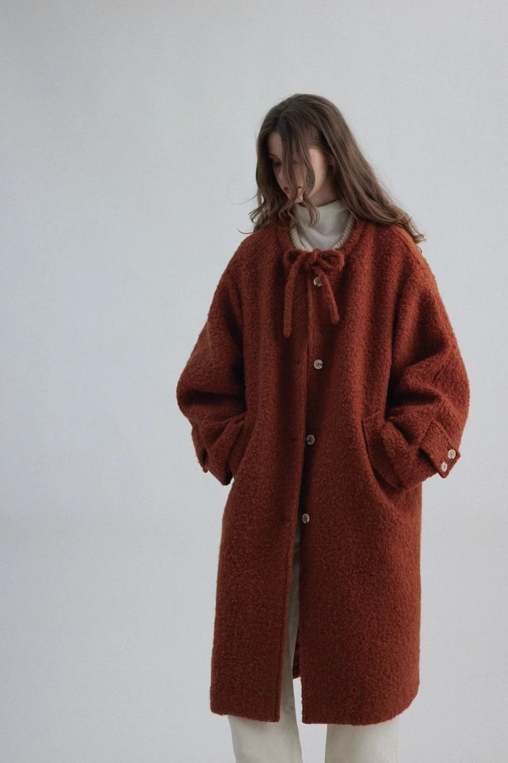 Bow Tie Waist Loose Slim Wool Blend Overcoat - Image 5
