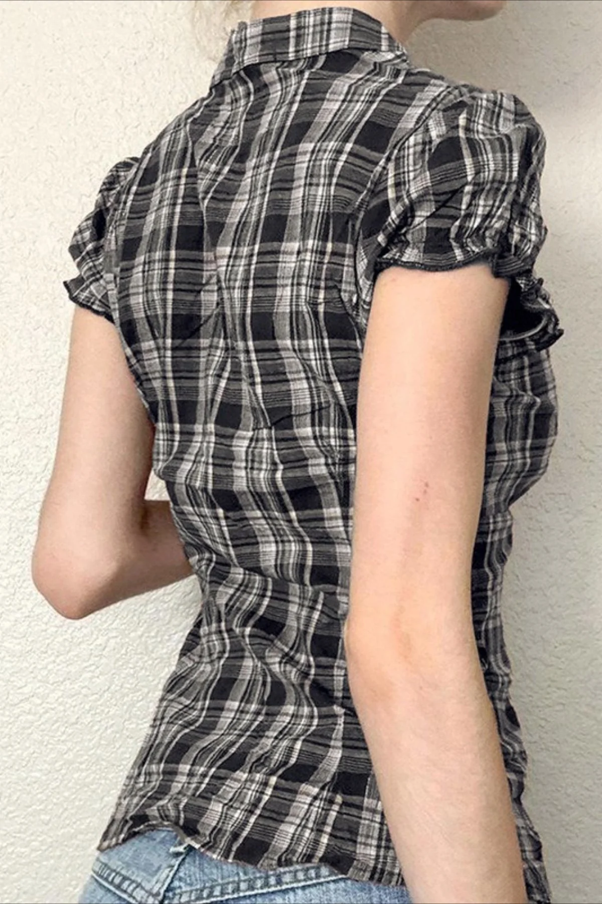 British Plaid Ruffled V Neck Puff Sleeve Blouse - Image 6