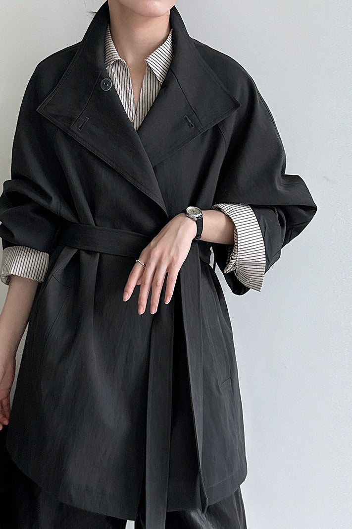 British-Style Stand-Collar Belted Mid-Length Trench Coat - Image 10