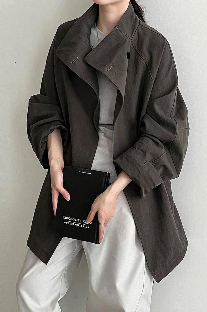 British-Style Stand-Collar Belted Mid-Length Trench Coat - Image 2