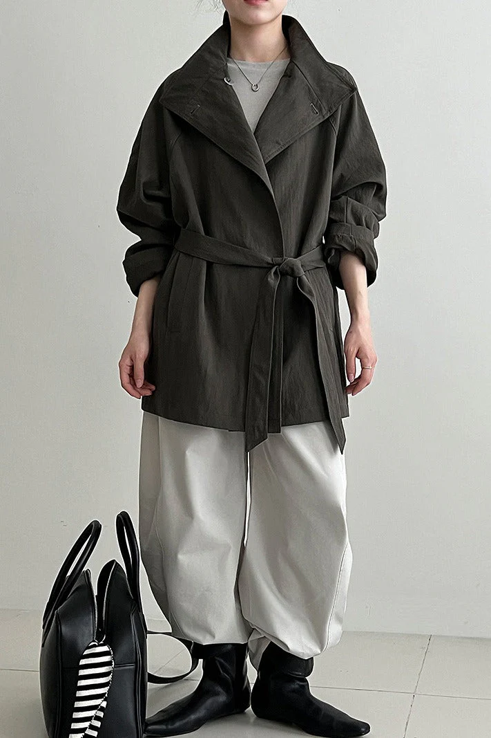 British-Style Stand-Collar Belted Mid-Length Trench Coat - Image 3