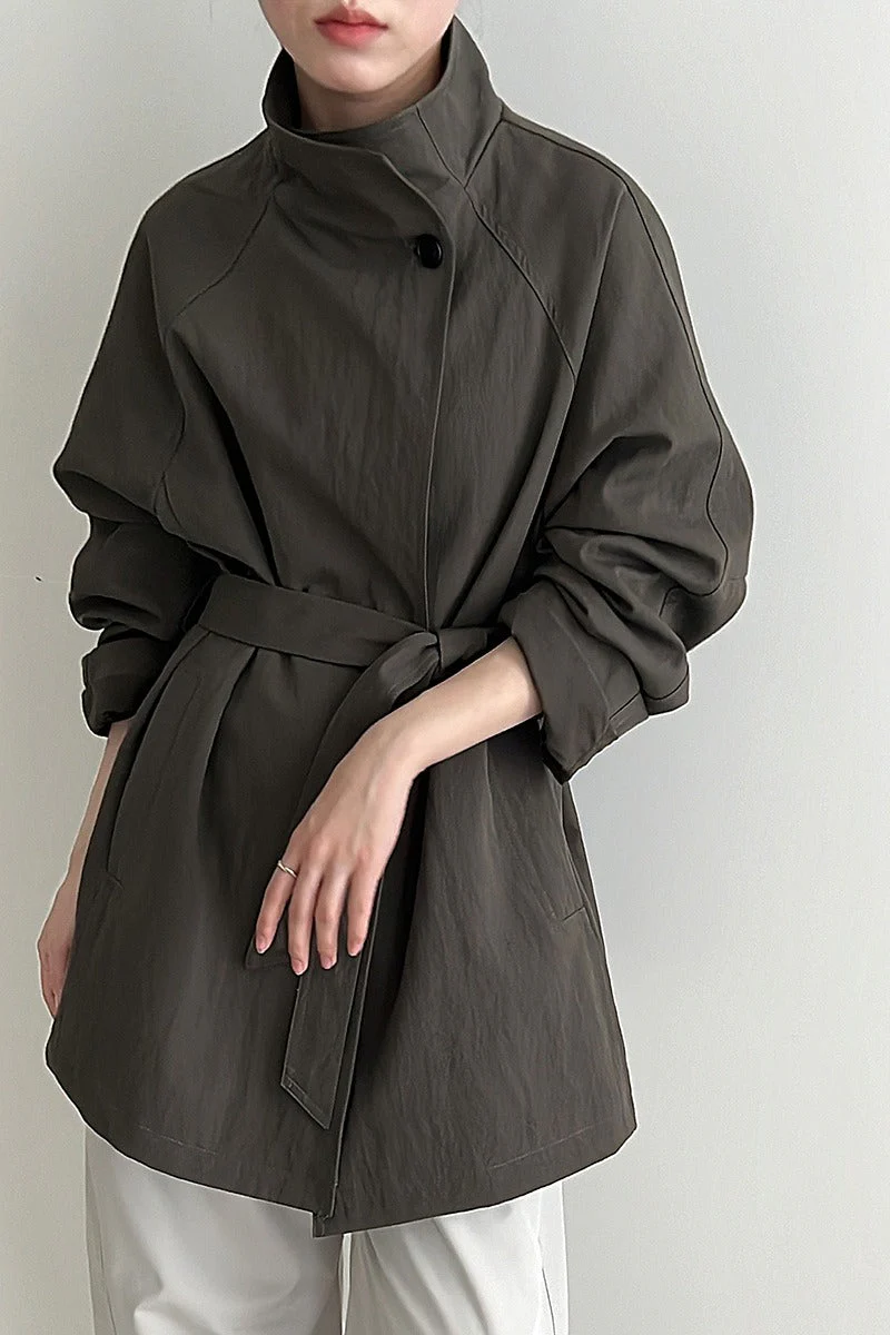 British-Style Stand-Collar Belted Mid-Length Trench Coat - Image 4