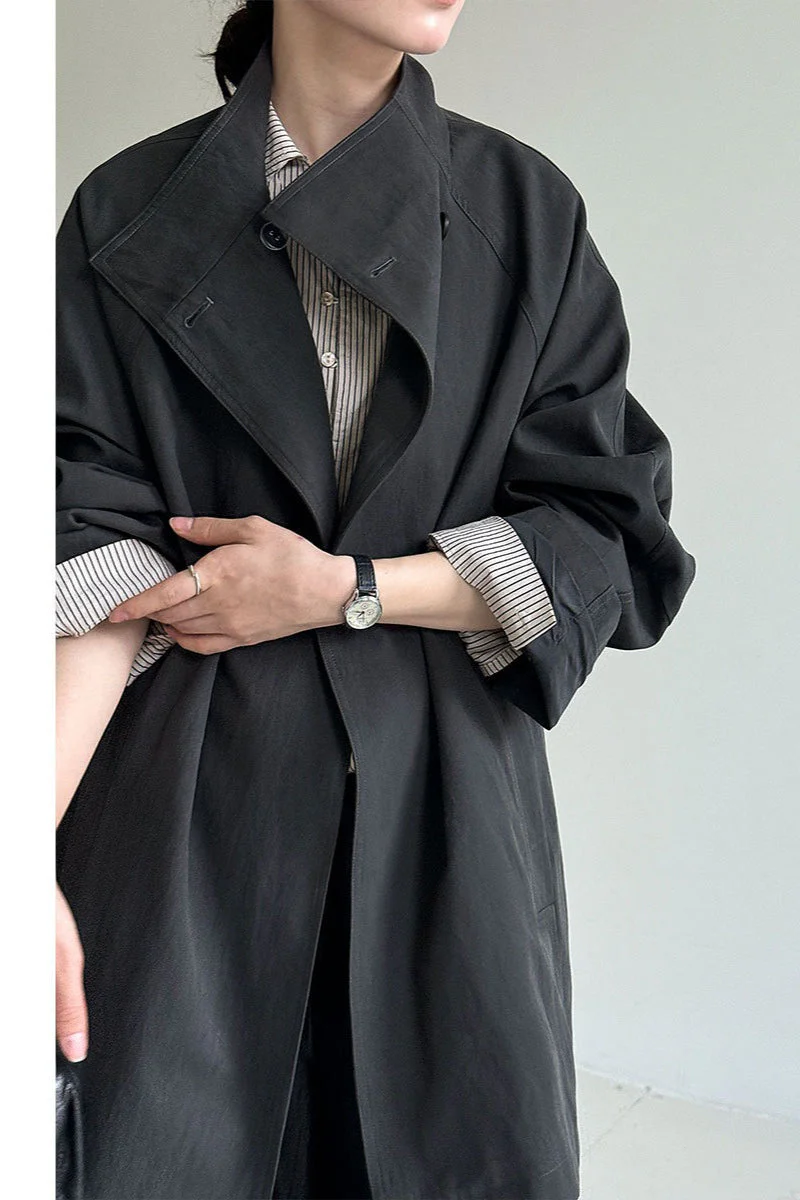 British-Style Stand-Collar Belted Mid-Length Trench Coat - Image 6