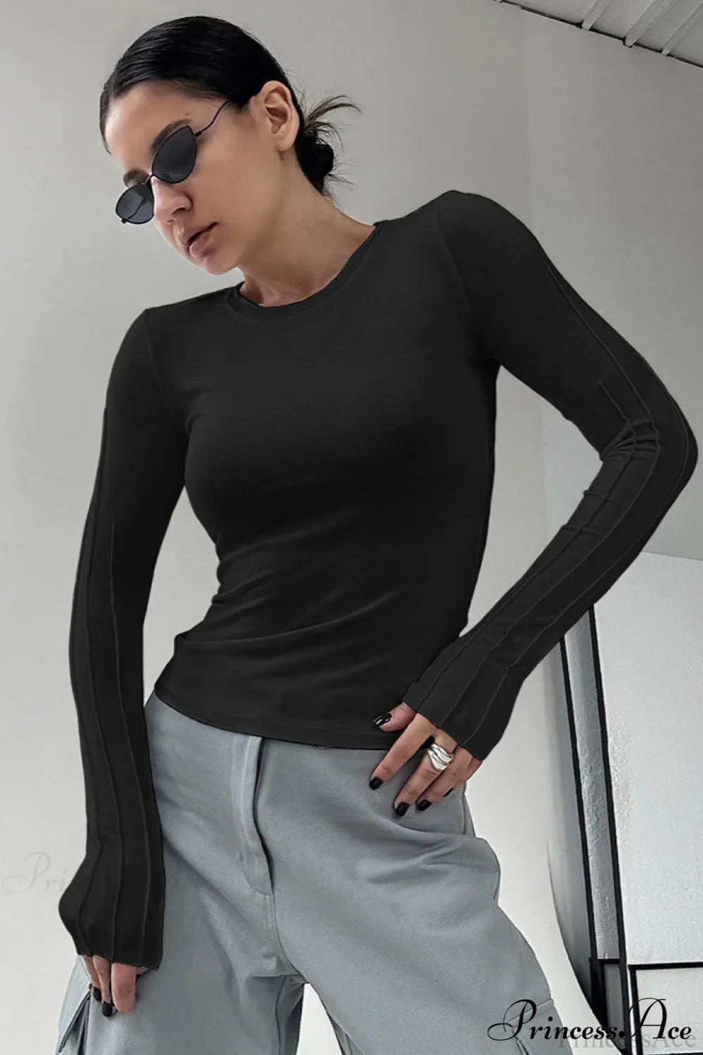 Brown Color Blocked Skinny Crew Neck Long Sleeve Tee - Image 2