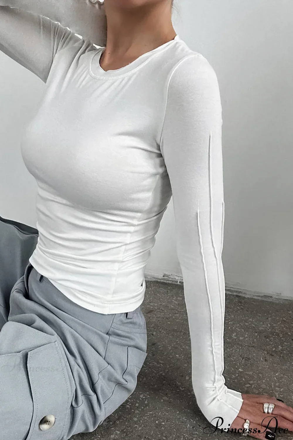 Brown Color Blocked Skinny Crew Neck Long Sleeve Tee - Image 3