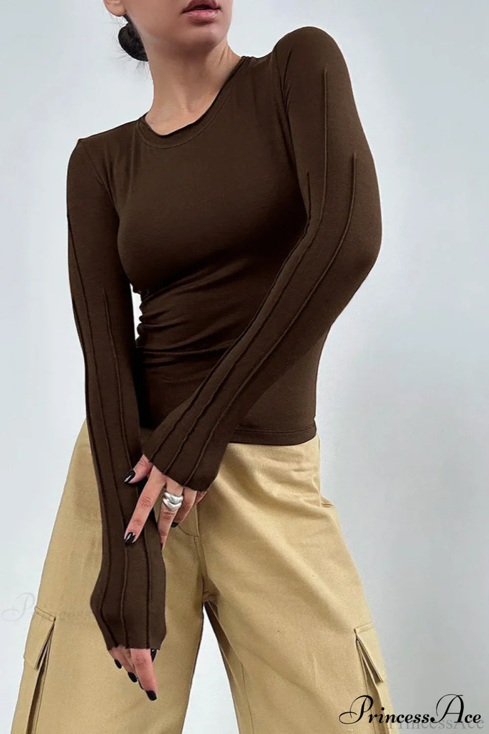 Brown Color Blocked Skinny Crew Neck Long Sleeve Tee - Image 5