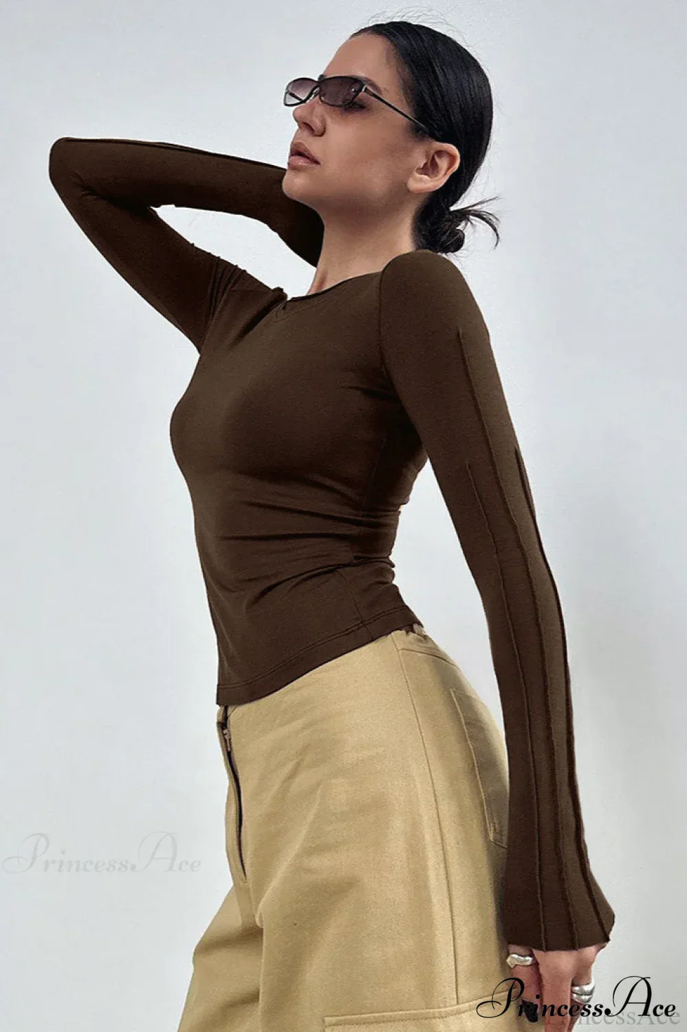Brown Color Blocked Skinny Crew Neck Long Sleeve Tee - Image 6
