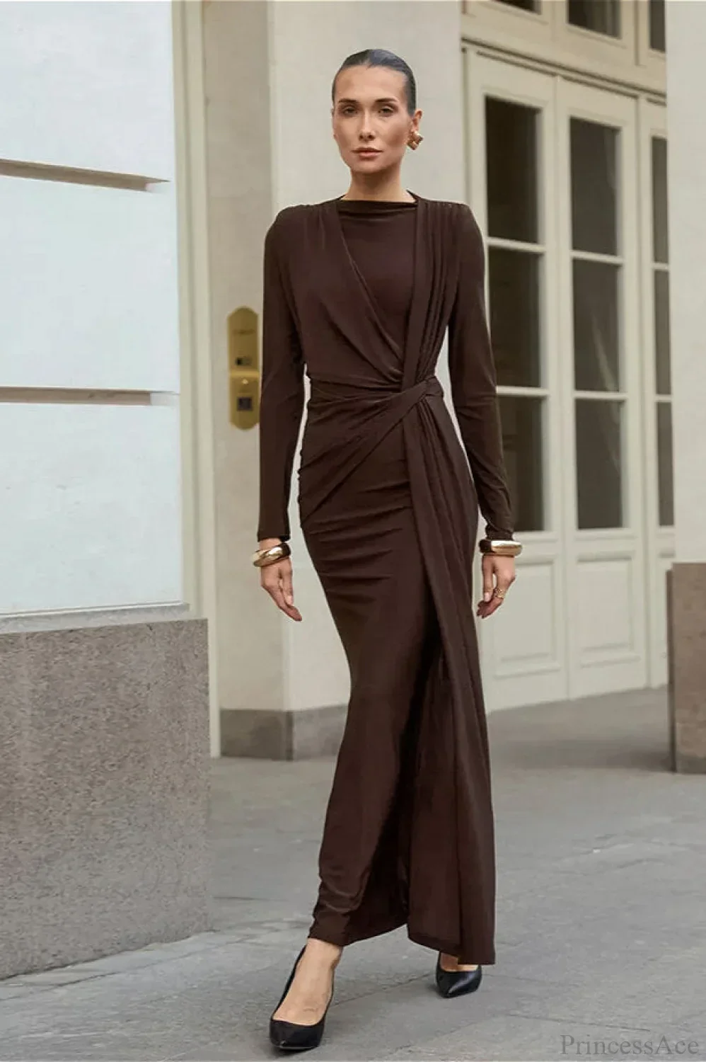 Brown Knit Round Neck Bodycon Maxi Dress - Image 2