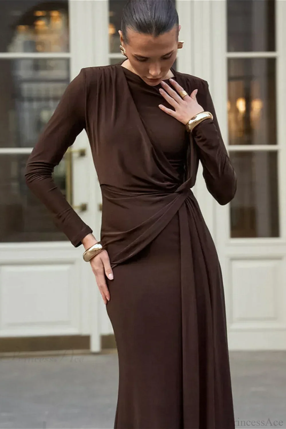 Brown Knit Round Neck Bodycon Maxi Dress - Image 3