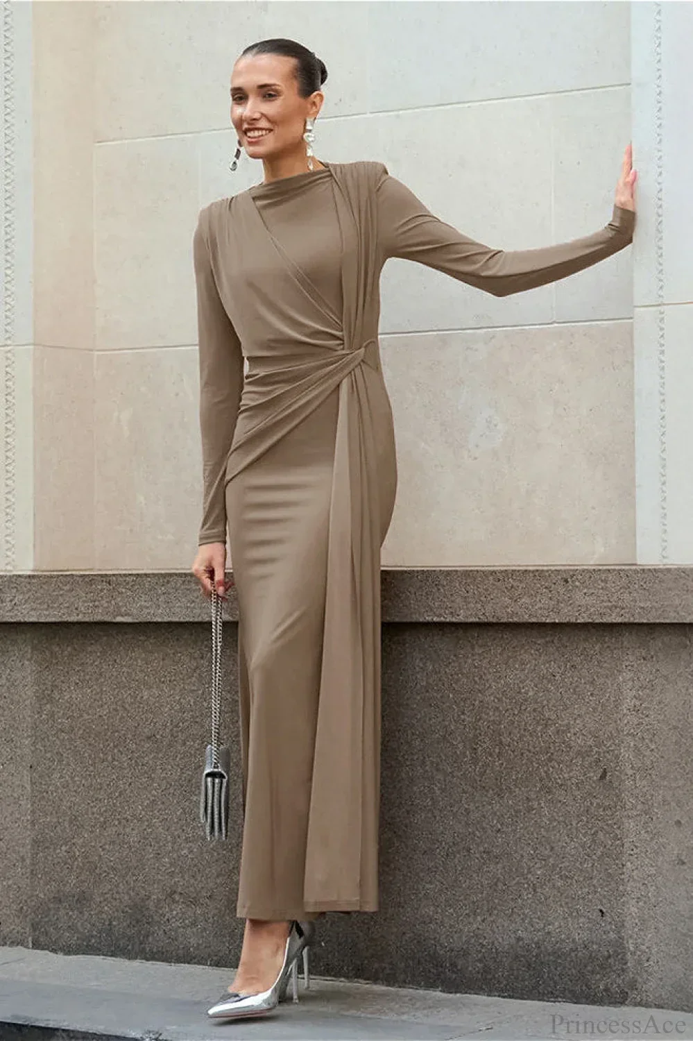 Brown Knit Round Neck Bodycon Maxi Dress - Image 4