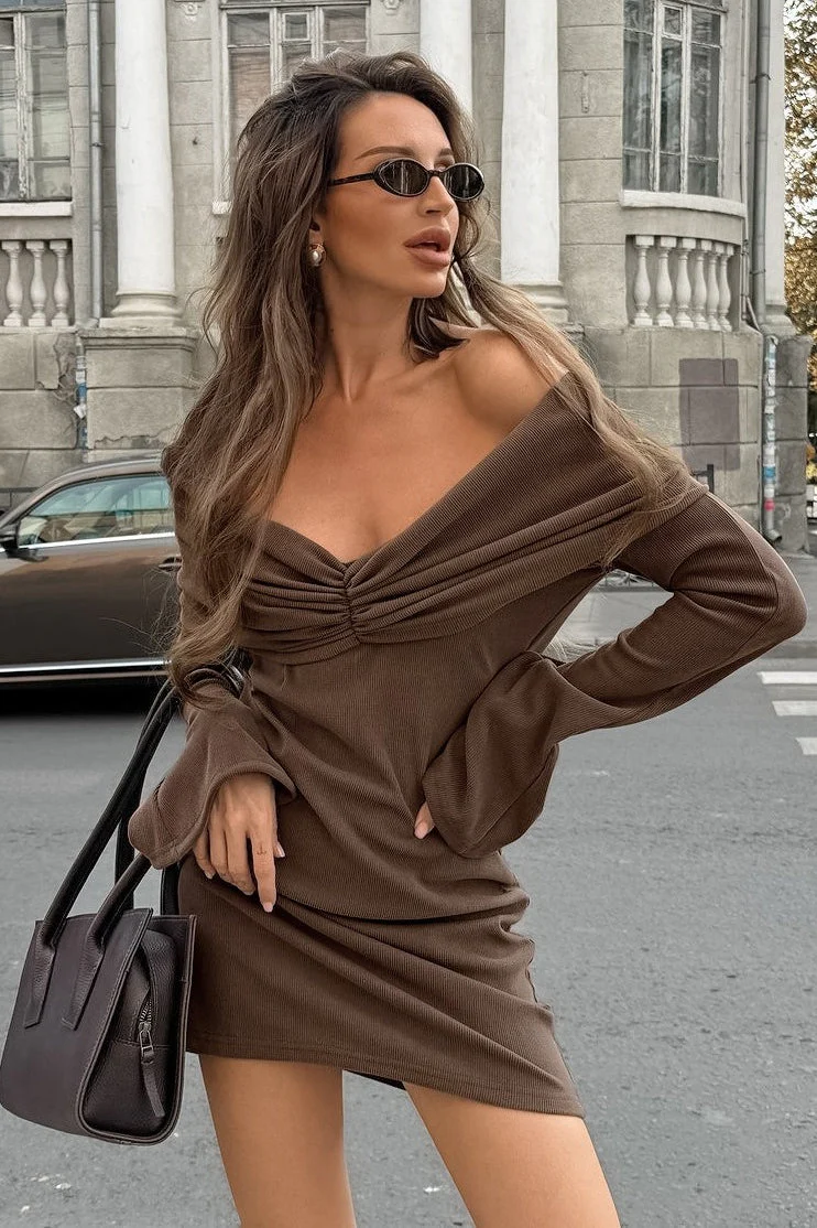 Brown Off Shoulder V Neck Knit Waist Slim A Line Mini Dress