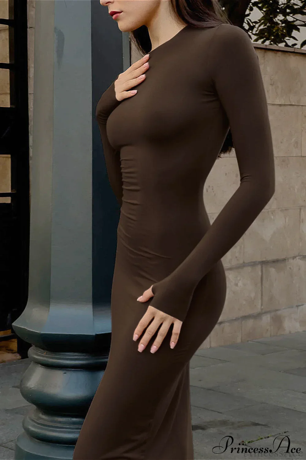 Brown Retro Knit Slim Pencil Commute Maxi Dress - Image 4