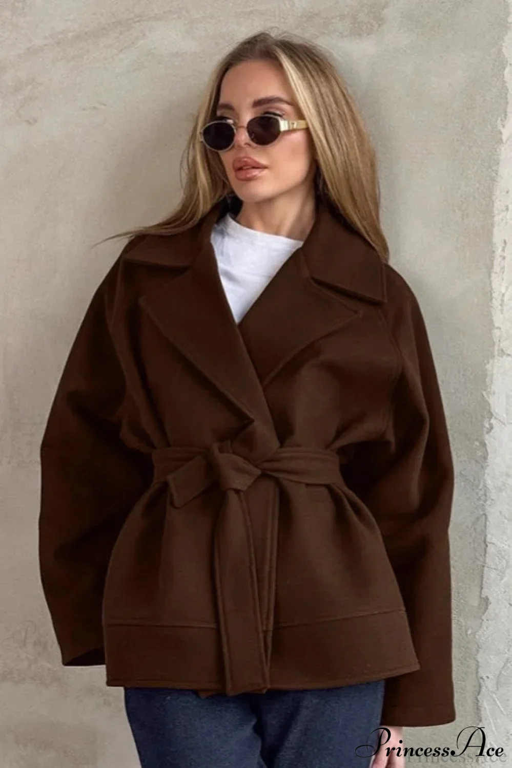 Brown Tie-Waist Wool Blend Loose Mid-Length Coat - Image 2
