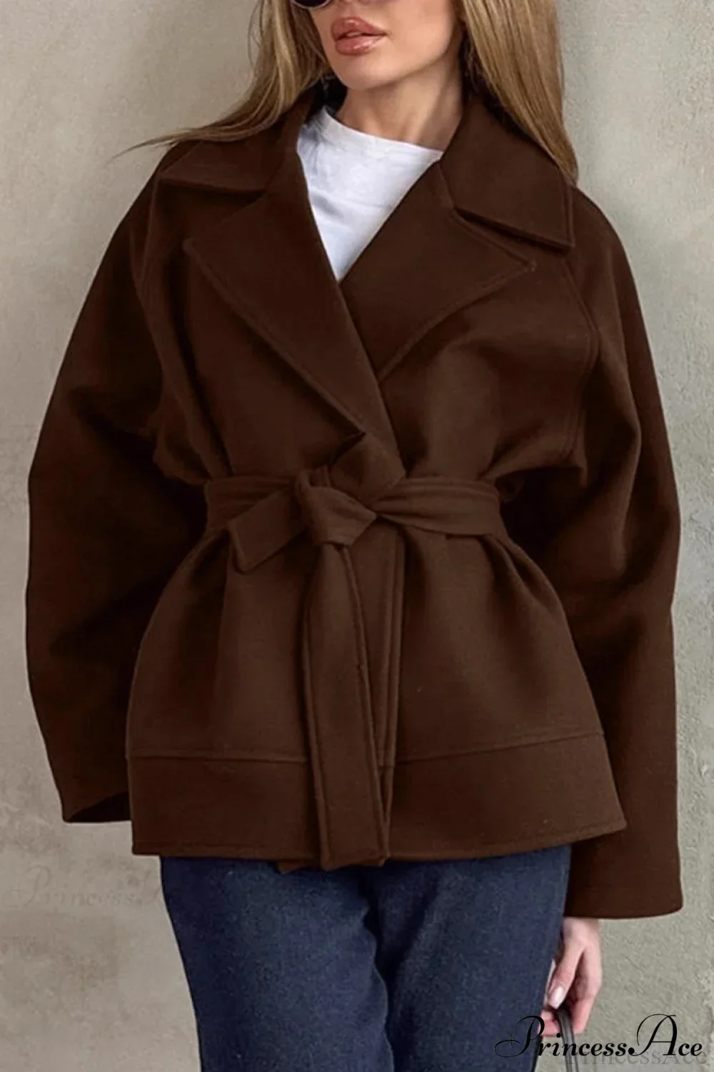 Brown Tie-Waist Wool Blend Loose Mid-Length Coat - Image 3