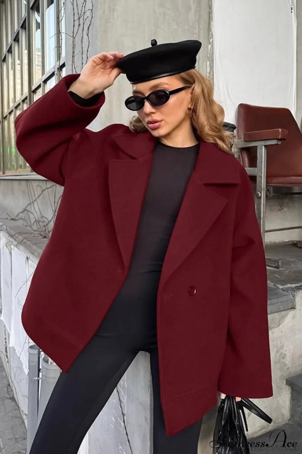 Brown Tie-Waist Wool Blend Loose Mid-Length Coat - Image 4
