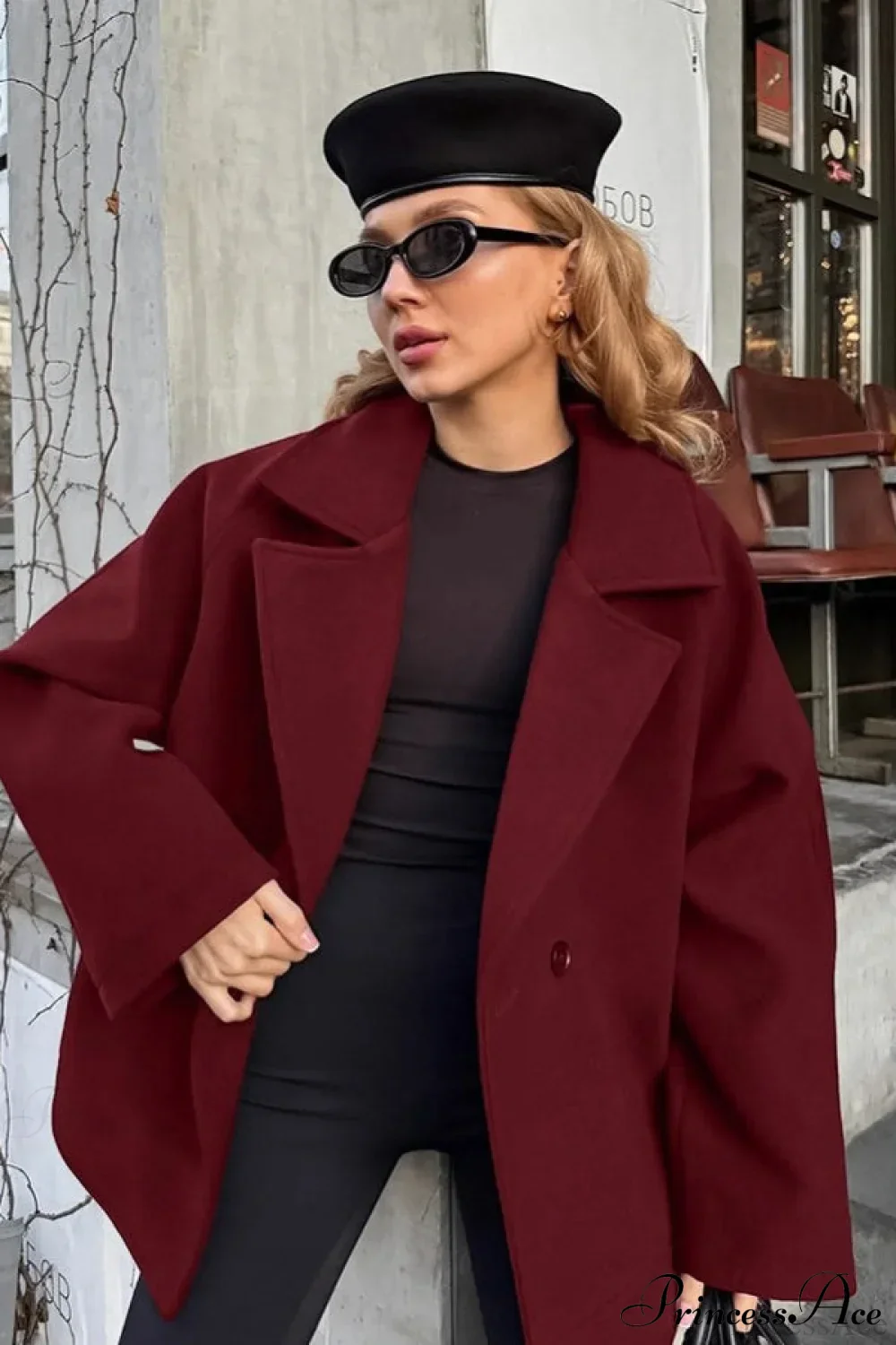 Brown Tie-Waist Wool Blend Loose Mid-Length Coat - Image 5
