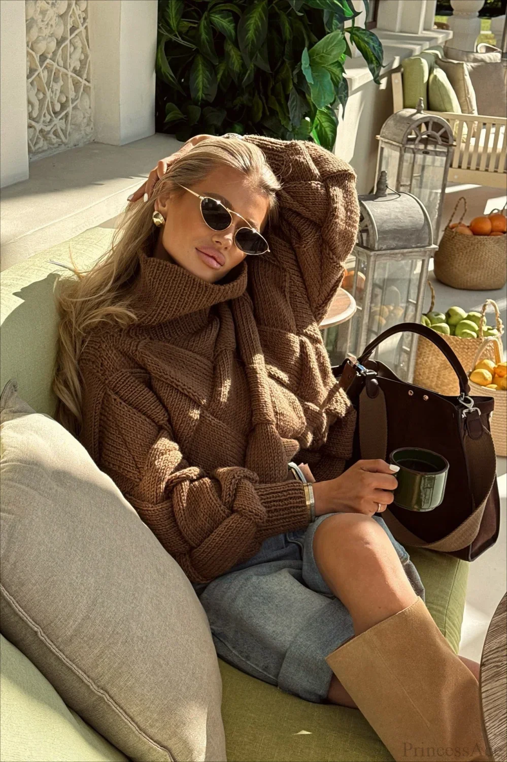 Brown Turtleneck Argyle Chic Cropped Sweater - Image 2