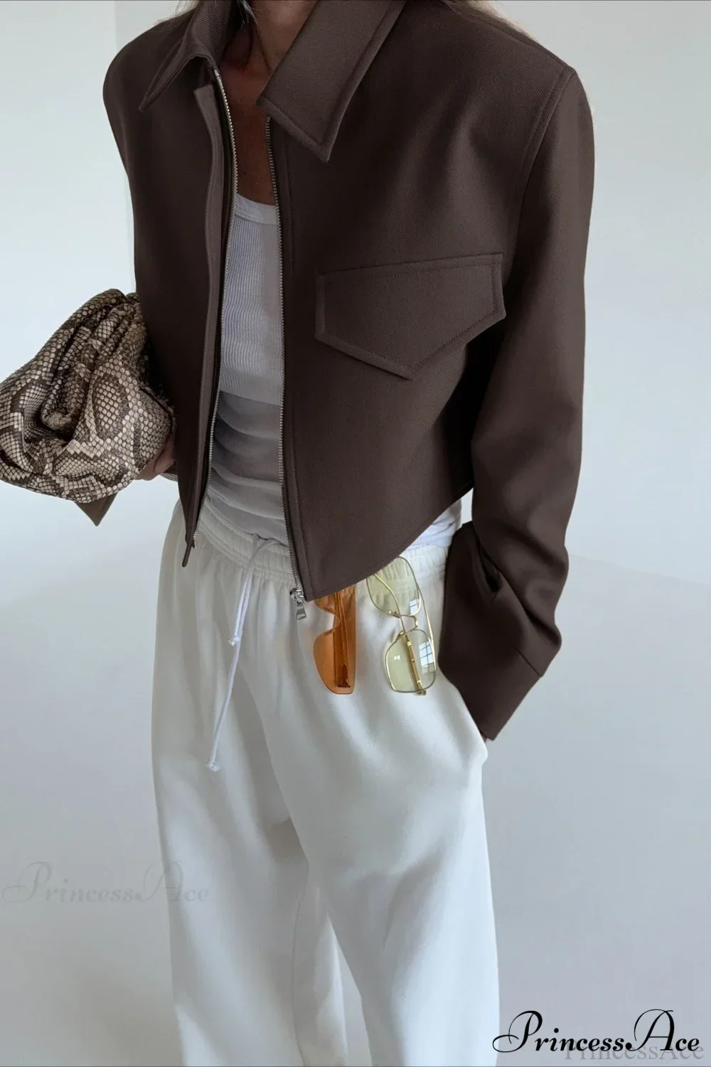 Brown Zip Short Jacket Chic Coat - Image 3
