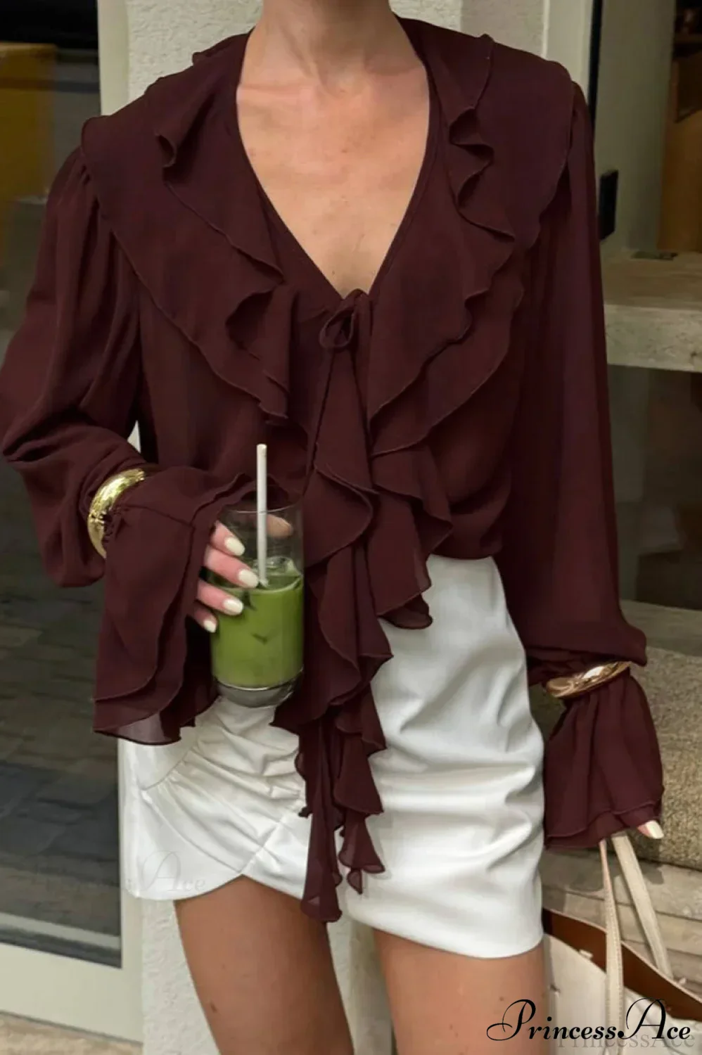 Burgundy Chiffon Ruffled V Neck Tie Blouse - Image 3