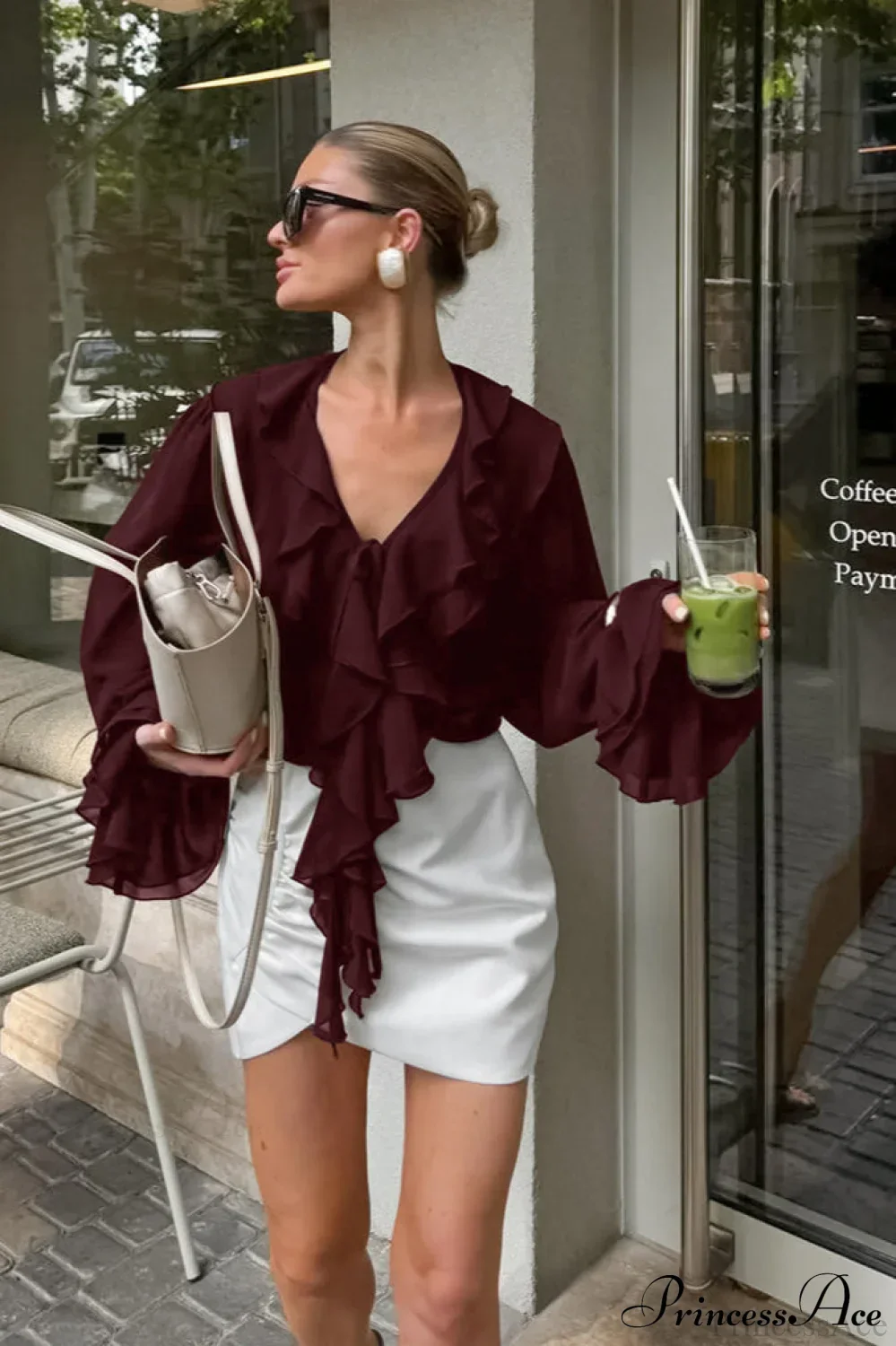 Burgundy Chiffon Ruffled V Neck Tie Blouse - Image 4