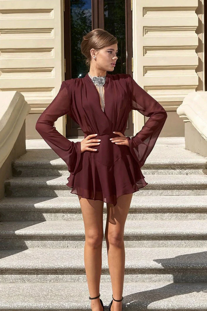 Burgundy Chiffon V Neck Long Sleeve Waist A Line Mini Dress - Image 2