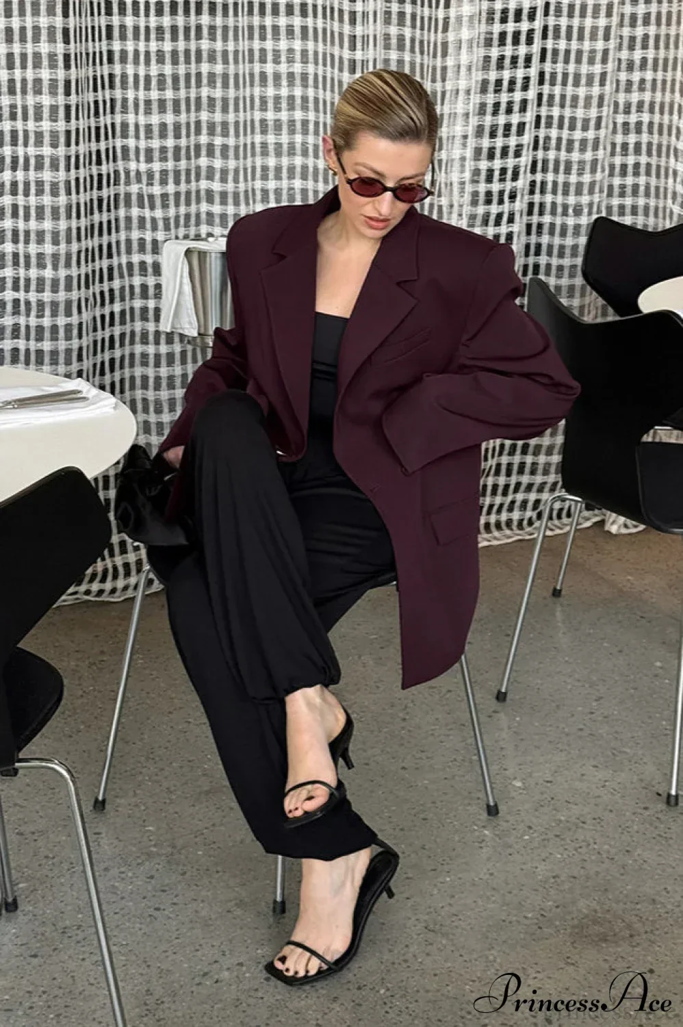 Burgundy Loose Tailored Professional Retro Coat - Image 3