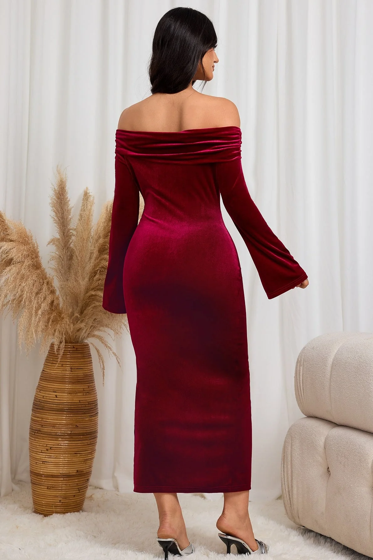 Burgundy Off-Shoulder High Slit Sexy Midi Dress - Image 4