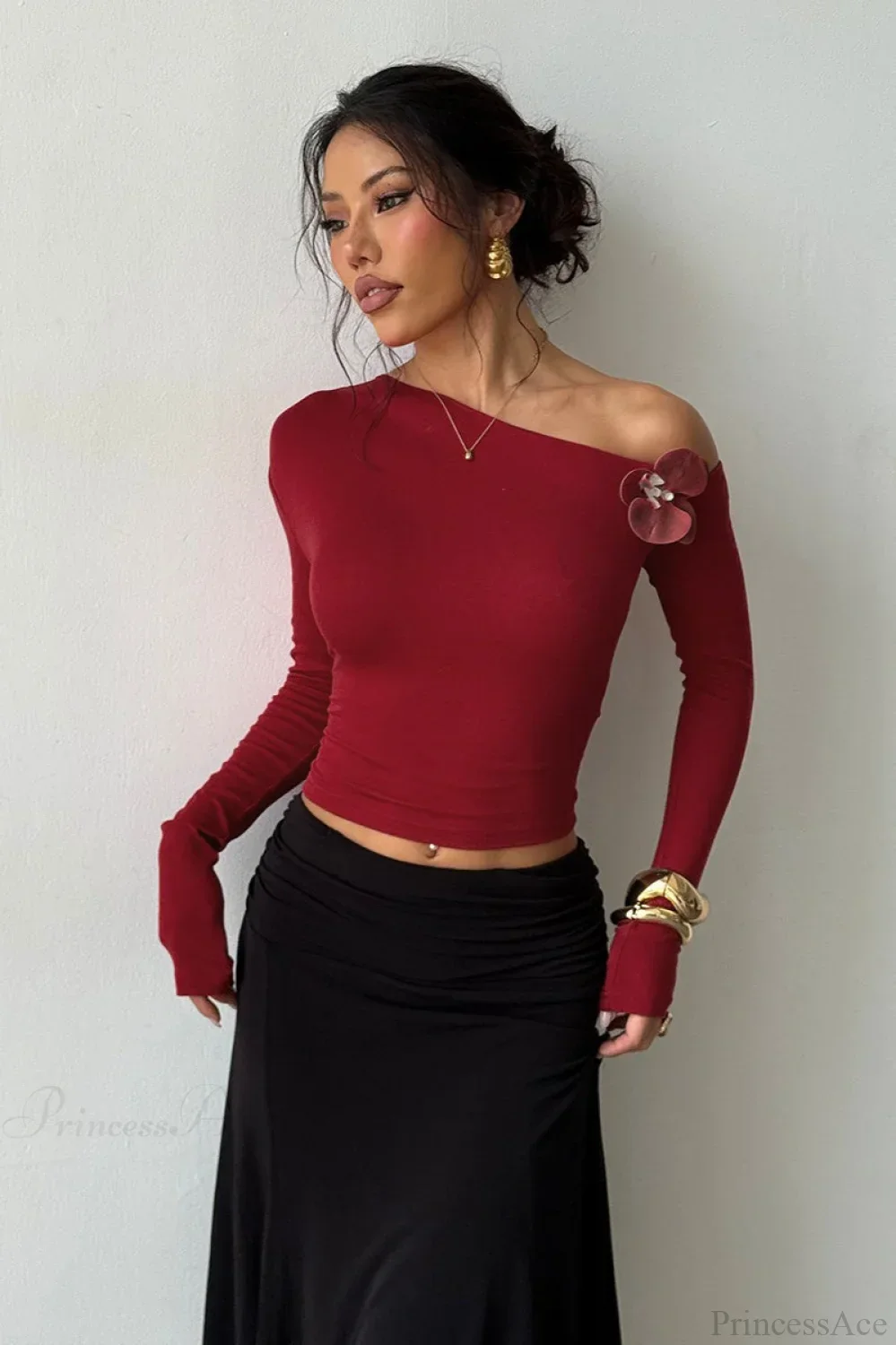 Burgundy Rose Off-shoulder Elegant Long Sleeve Tee - Image 4