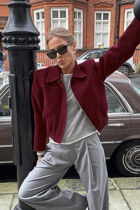Burgundy Wool Short Casual Collared Retro American Jacket - Image 2