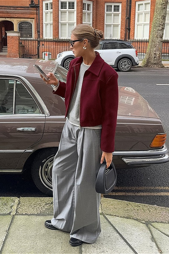 Burgundy Wool Short Casual Collared Retro American Jacket - Image 3